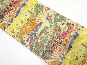 アンティーク　扇面に御所車・鶴・宝尽くし模様織り出し名古屋帯（材料）